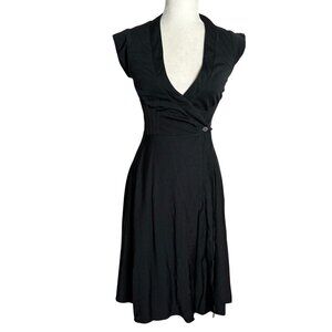 Vintage 70s Foxy Lady Nylon Wrap Dress XSmall Black Stretch Cap Sleeve Deep V